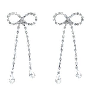 #3 - Bow Drop Earrings Silver Crystal Bowknot Tassels Statement Lightweight